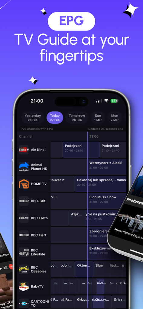 DaddyTV IPTV Player - Guia eletrônico de programação do DaddyTV IPTV Player mostrando uma programação detalhada de canais de TV ao vivo