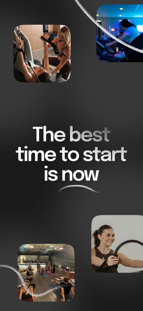 Promotional screen for Momence fitness app showing pilates yoga and cycling classes with the text The best time to start is now