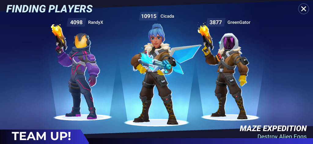 Riftbusters: Action RPG - Three sci-fi characters in a cooperative multiplayer lobby ready for a mission in Riftbusters Action RPG.