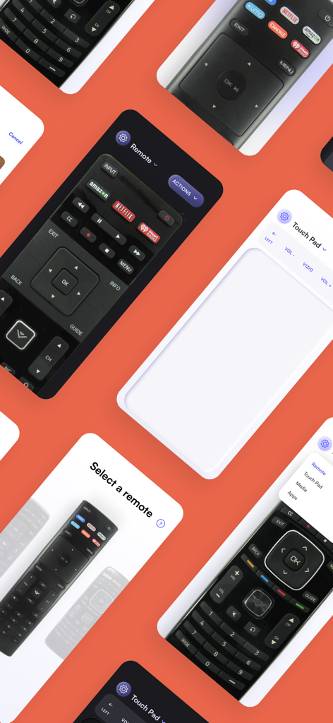 Screenshots of the Viz Smart TV remote app showing digital remote controls and touch pad navigation