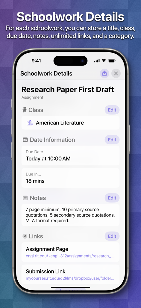 Screenshot of the Schoolwork Details screen in the School Assistant app showing a research paper assignment for an American Literature class.