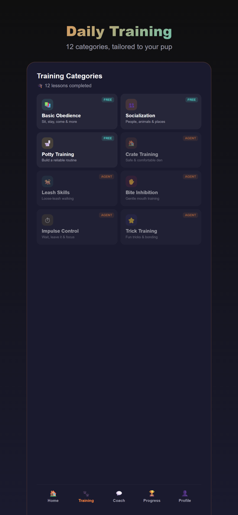 PupCoach — AI Puppy Training - PupCoach app screen displaying various training categories for puppies such as obedience potty training and socialization