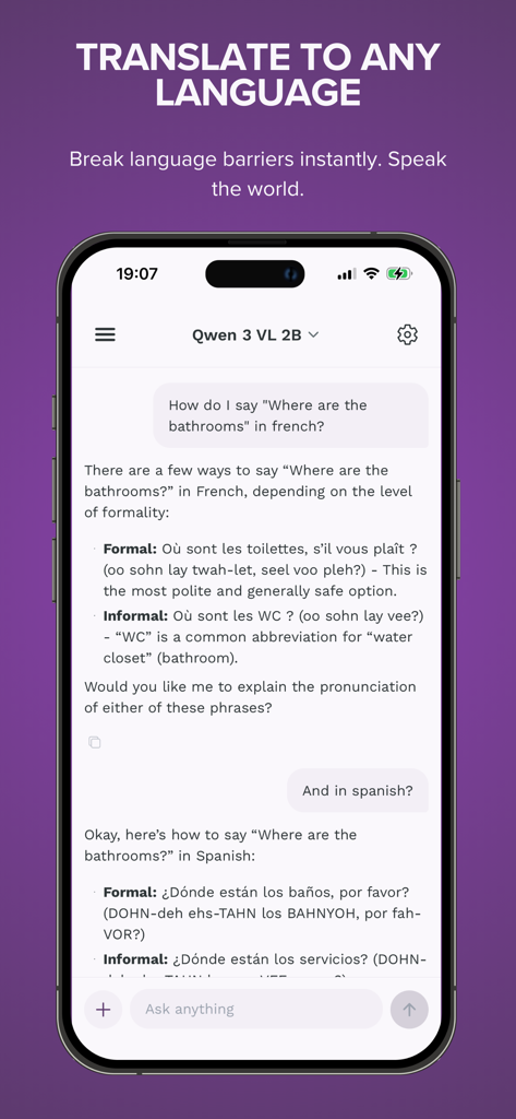 KernelAI - A screenshot of the KernelAI app interface showing an offline chat translating phrases into French and Spanish.