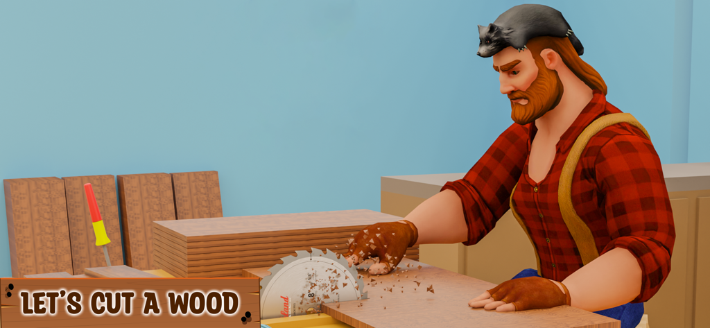 A bearded character in a red plaid shirt using a circular table saw to cut a wooden plank in a carpentry workshop simulation