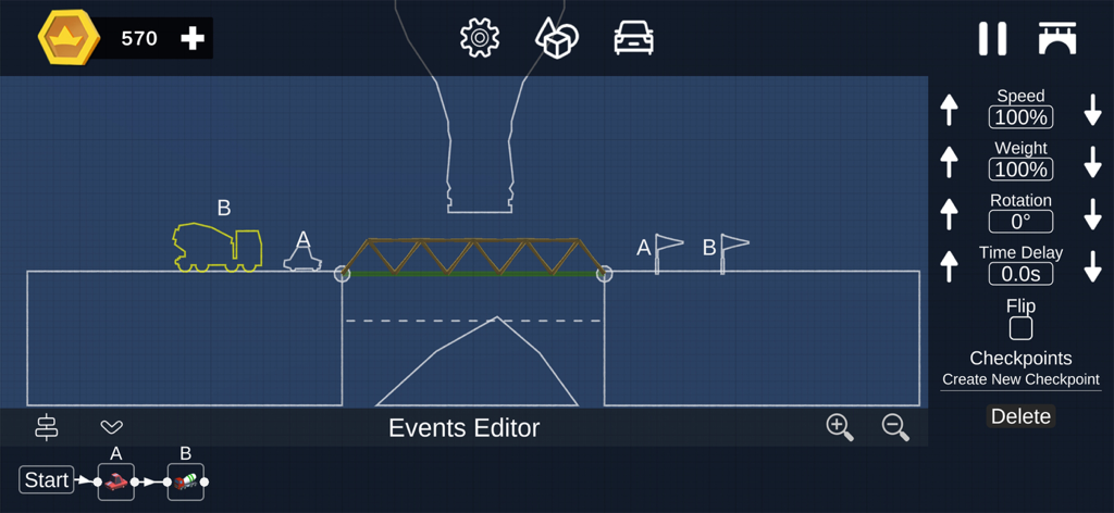 Build Bridge : Craft Builder - Sandbox level editor screen for designing bridges and vehicle events in Build Bridge