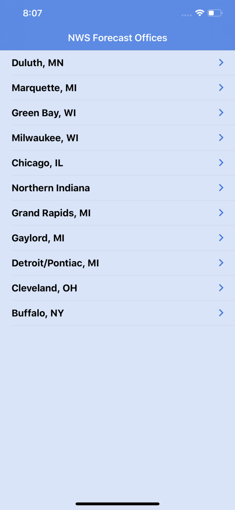 List of National Weather Service forecast offices for the Great Lakes region in the Nearshore app