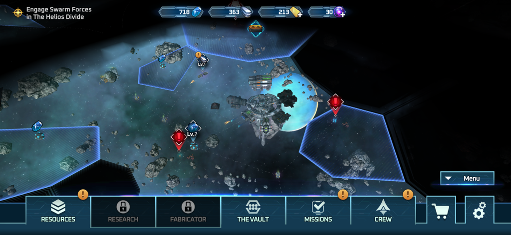 Sol Frontiers - Idle Strategy - Sol Frontiers idle strategy game interface showing a galactic map with a space station and asteroid resources