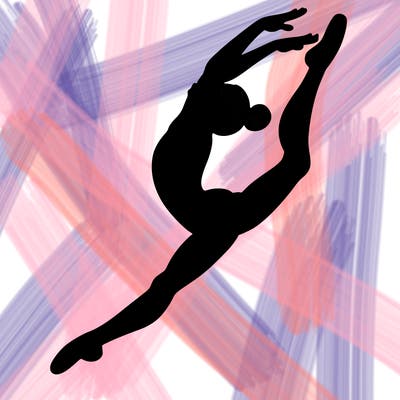 gymnast doing a leap in a leotard with a bent back leg