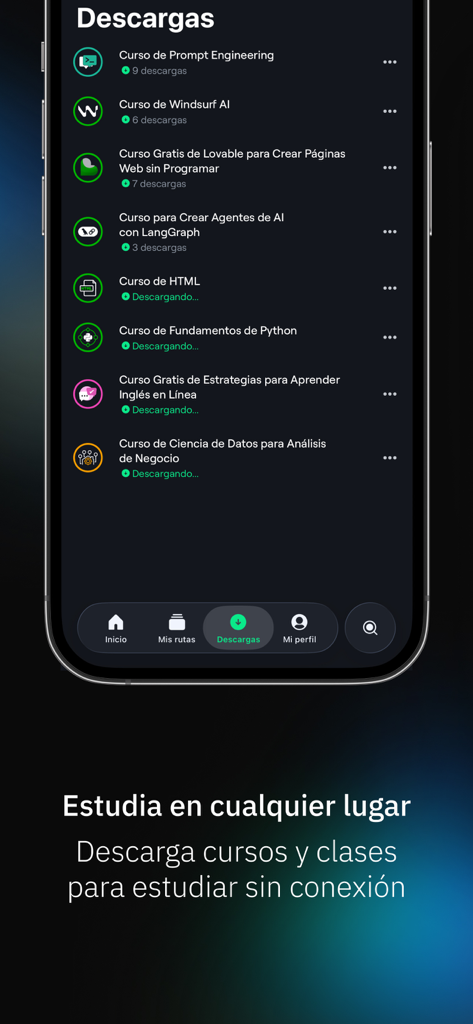 Platzi app interface showing the downloads section with various tech courses for offline learning