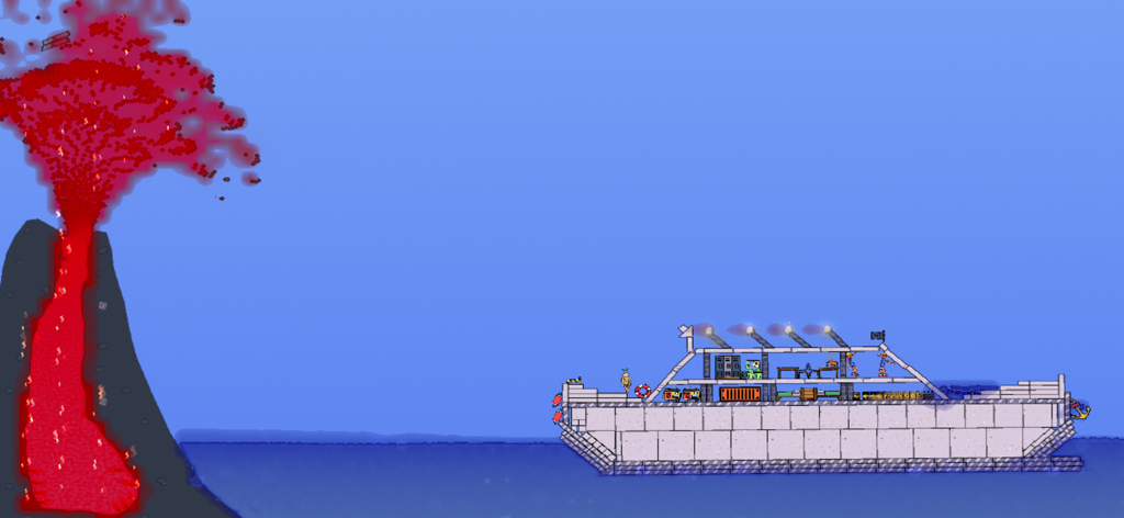 Water Box: Sandbox Playground - A pixelated ship floats on water next to an erupting volcano in the Water Box physics sandbox simulator.