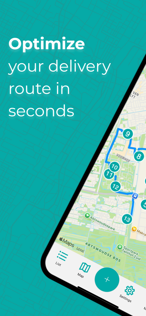 IBI - Optimal route planner - IBI mobile app interface showing an optimized delivery route with multiple numbered stops on a map.