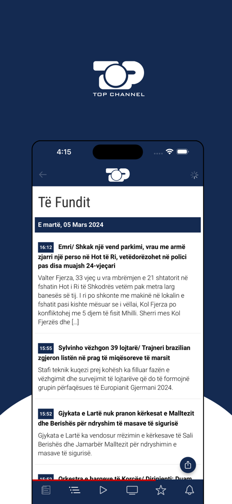 Top Channel - La sezione delle ultime notizie dell'app Top Channel con articoli in albanese su uno schermo mobile.