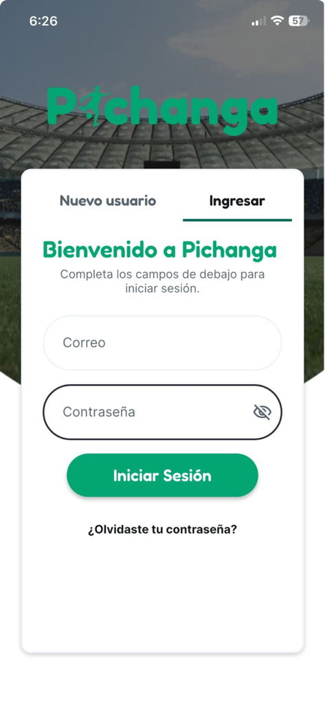 Pichanga App - Login screen of the Pichanga soccer match management app featuring email and password entry fields