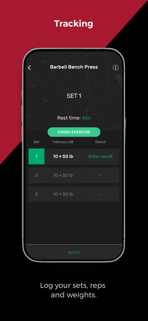 Life Fitness Connect app interface for logging sets, reps, and weights during a barbell bench press workout
