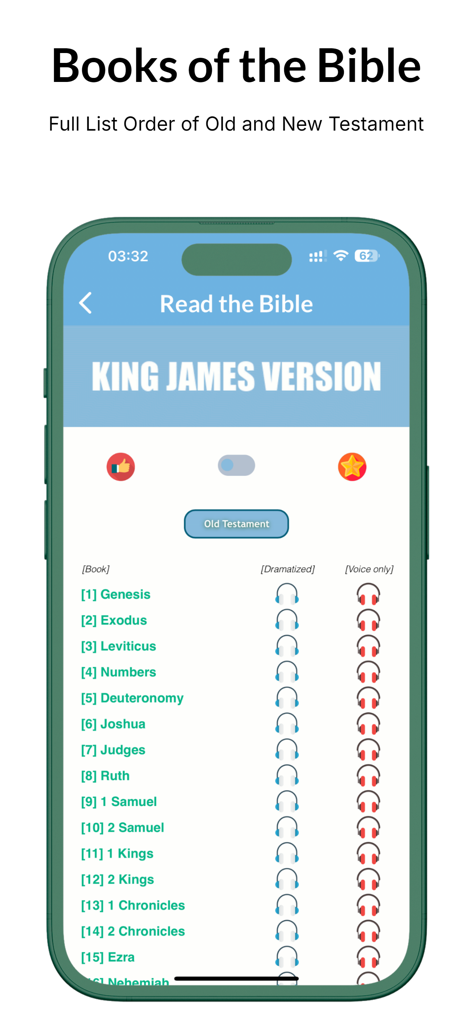 Bible KJV - King James Audio - Una pantalla móvil que muestra la lista de Libros de la Biblia en la versión King James de la aplicación con opciones de audio para cada libro.