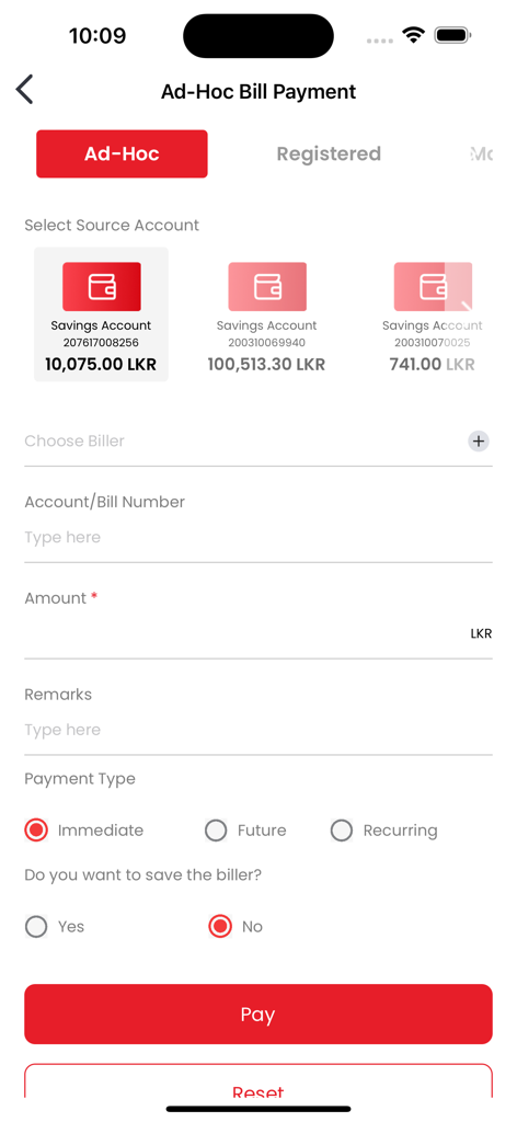 Ad-hoc-Bildschirm zur Rechnungszahlung in der mobilen App der Pan Asia Bank mit Guthaben auf Sparkonten und Zahlungsoptionen