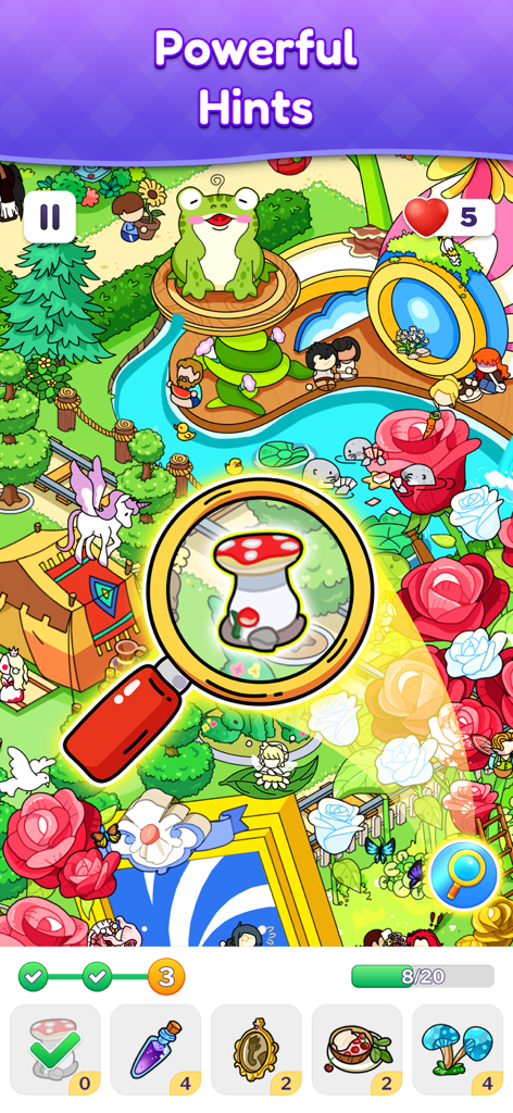 Uma lupa destacando um cogumelo escondido em um nível colorido de jogo de objetos escondidos