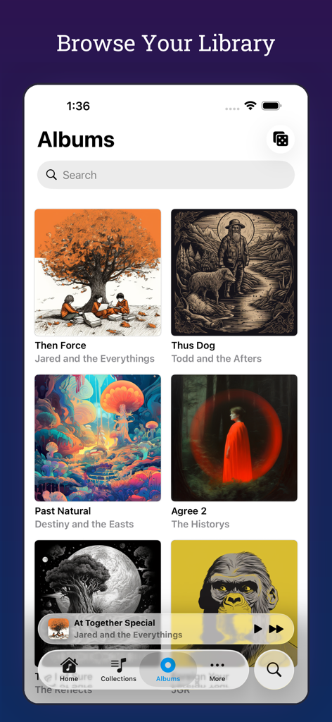 MiniMoon Music - Una captura de pantalla de la interfaz de la aplicación MiniMoon Music mostrando la vista de la biblioteca de álbumes con un diseño de cuadrícula limpio