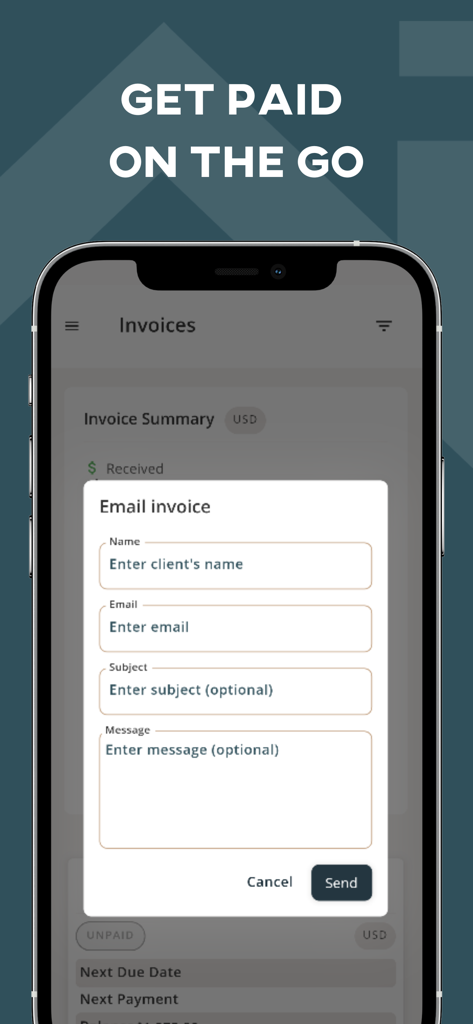 Mydoma Studio - Mydoma Studio mobile app interface for emailing professional invoices to clients