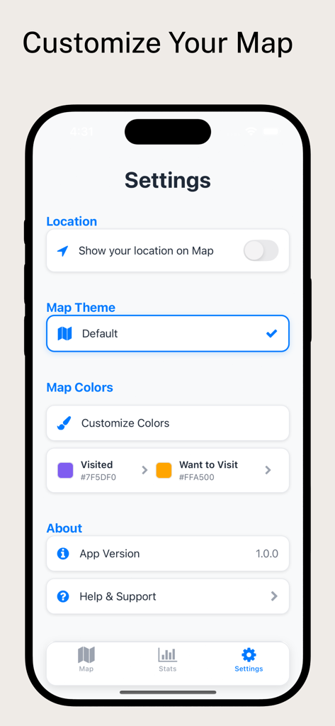 World Country Tracker Been-Map - Customize map settings in the World Country Tracker app including theme and colors for visited places