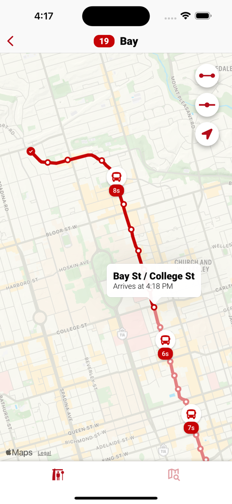 Toronto Transit (TTC, GTA, GO) - トロントのマップ上のBay 19ルートのリアルタイムバス位置とカウントダウンタイマーを示すモバイルアプリインターフェース。