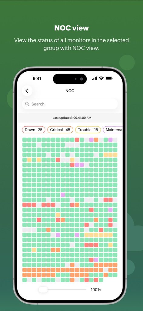 Site24x7 - Vista NOC de Site24x7 que muestra una cuadrícula codificada por colores en tiempo real de los estados de monitoreo de TI.