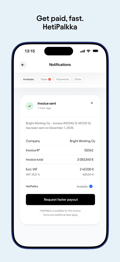 Truster Invoicing service - Mobile screen showing a sent invoice notification and a button to request faster payout