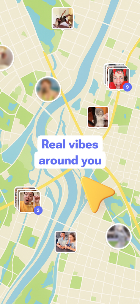 Un'interfaccia mappa nell'app Shortn che visualizza varie miniature di video virali locali con un testo sovrapposto centrale che dice Atmosfere reali intorno a te.