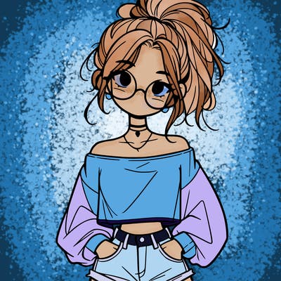 girl with a messy ponytail glasses a baggy crop top and jean shorts