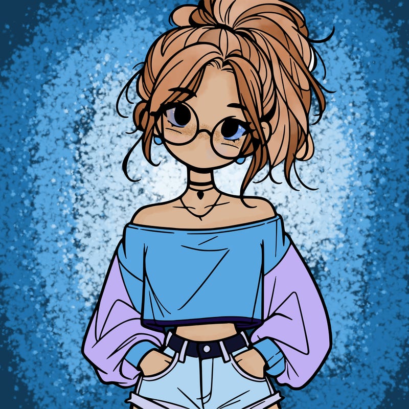 girl with a messy ponytail glasses a baggy crop top and jean shorts