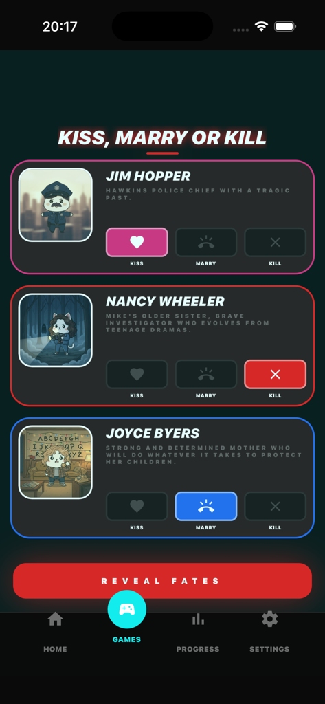 Stranger Things Quiz & Trivia - Küssen, Heiraten oder Töten Trivia-Spielbildschirm mit Jim Hopper, Nancy Wheeler und Joyce Byers