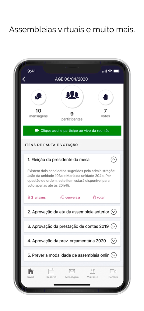 Verti Administradoraプロパティ管理アプリ内の仮想会議と投票インターフェースを表示するスマートフォン。