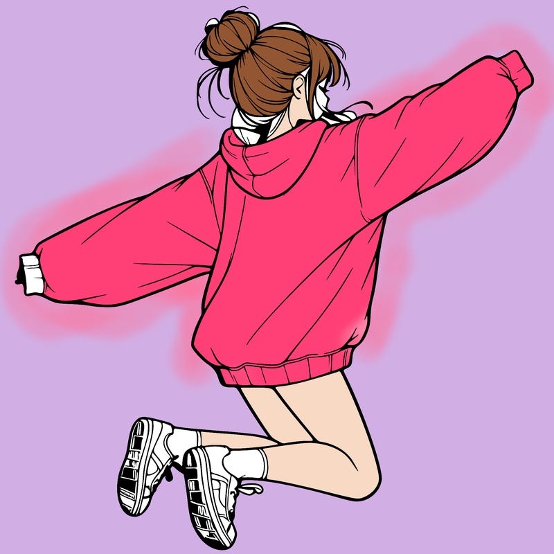 realistic girl jumping with a bun and oversized sweatshirt