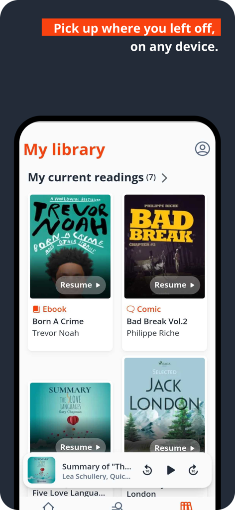 YouScribe app showing the My Library screen with ongoing ebooks and comics to resume