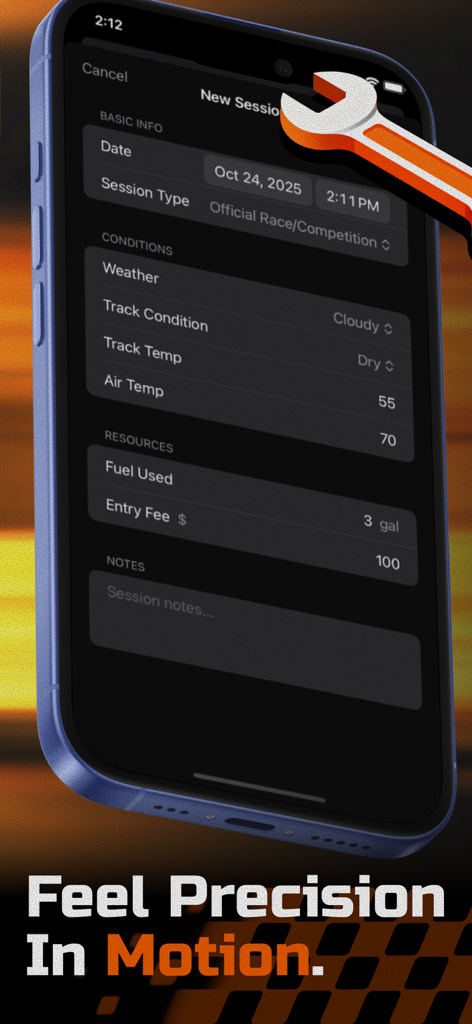 GG: Gas Grip - Gas Grip app interface showing a new race session form with weather conditions and fuel tracking