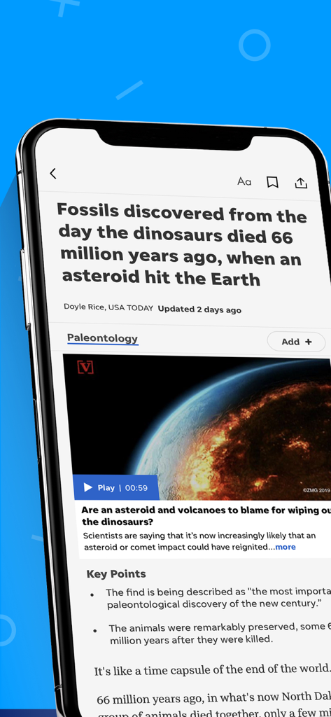 Sheboygan Press - Smartphone screen showing a Sheboygan Press news article about dinosaur fossils with key points and a video.