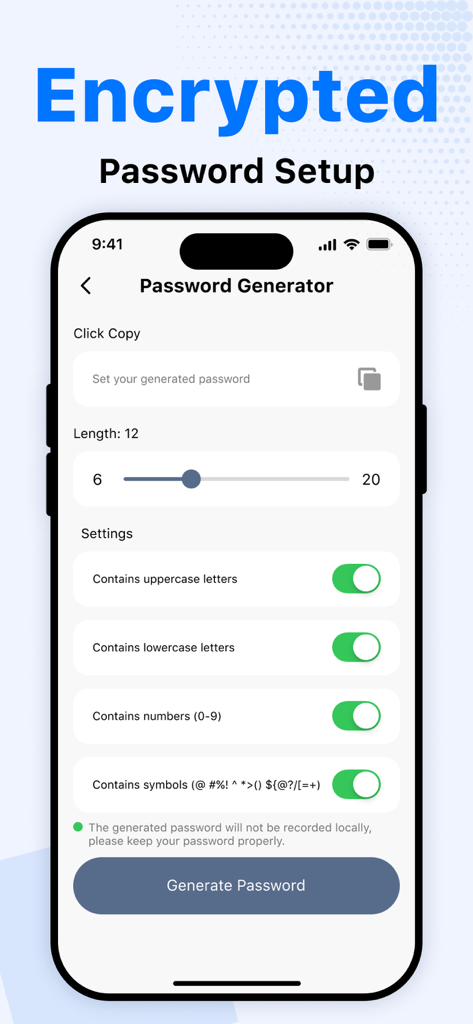 Passwortgenerator-Bildschirm in der Authenticator App mit anpassbaren Sicherheitseinstellungen für Länge und Zeichentypen.