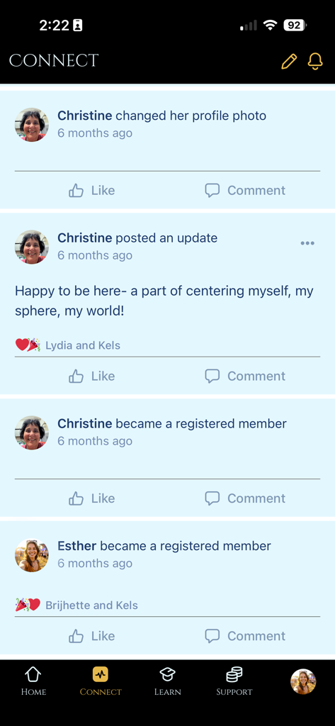 The She Center - Community activity feed in The She Center app showing member posts and connections