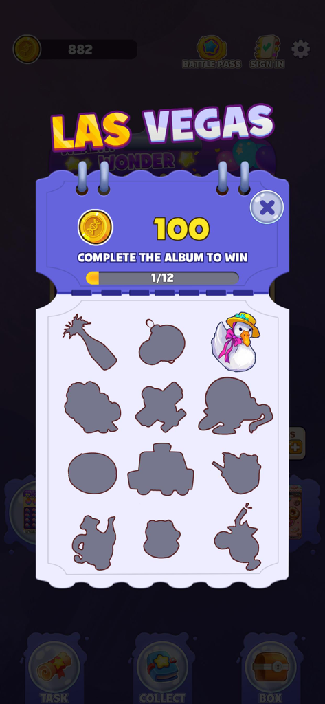 Schermata dell'album di collezioni del gioco mobile Scratch Go che mostra un'oca cartoon e sagome di oggetti