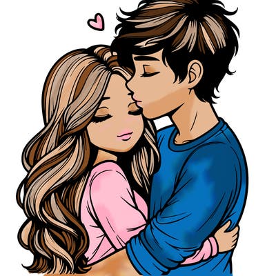 a realistic couple boy and girl hugging and kissing