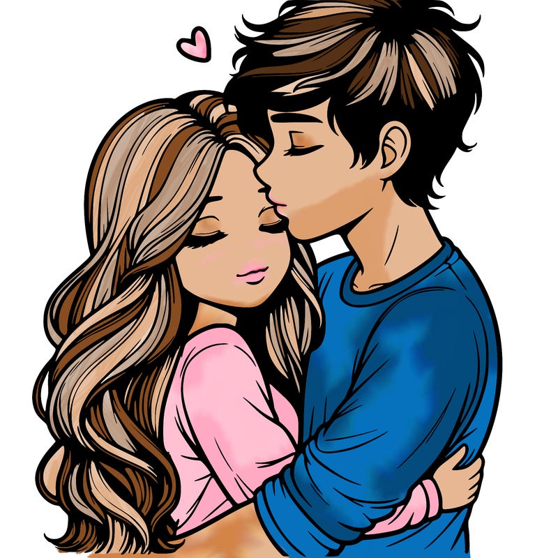 a realistic couple boy and girl hugging and kissing