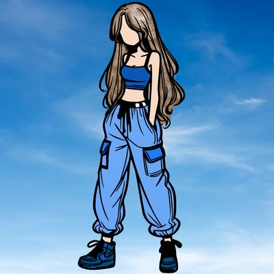 girl in baggy pants crop top and long hair