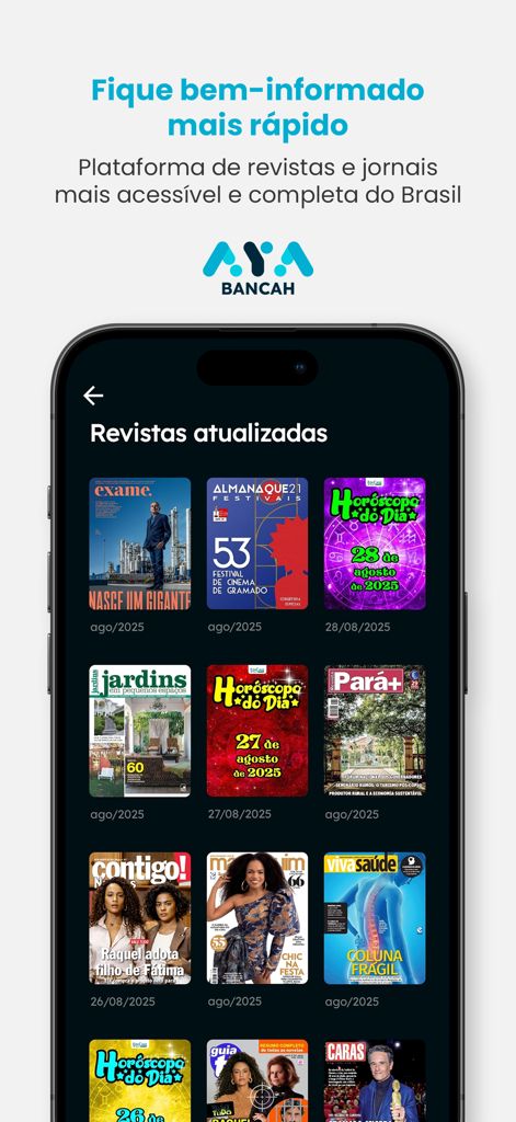 Interface of the Aya Bancah app showing a grid of various updated Brazilian magazine covers like Exame and Caras.