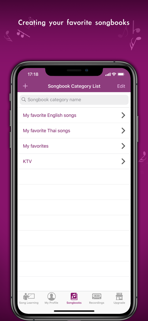 KaraDoReMi - Your Karaoke Pal - Lista de categorías del cancionero en la aplicación KaraDoReMi para organizar las canciones de karaoke favoritas.