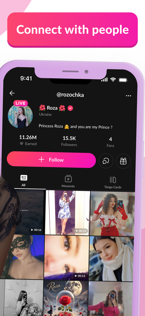 Pantalla de aplicación móvil que muestra el perfil de un usuario con una galería de fotos y un botón de seguir bajo el encabezado Conéctate con personas.