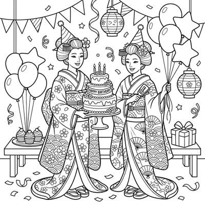 Step into a vibrant world where traditional elegance meets festive fun with our Geisha & Maiko birthday coloring page. Capture the joy of celebration as these graceful figures gather for a special occasion, surrounded by delightful party decorations.
