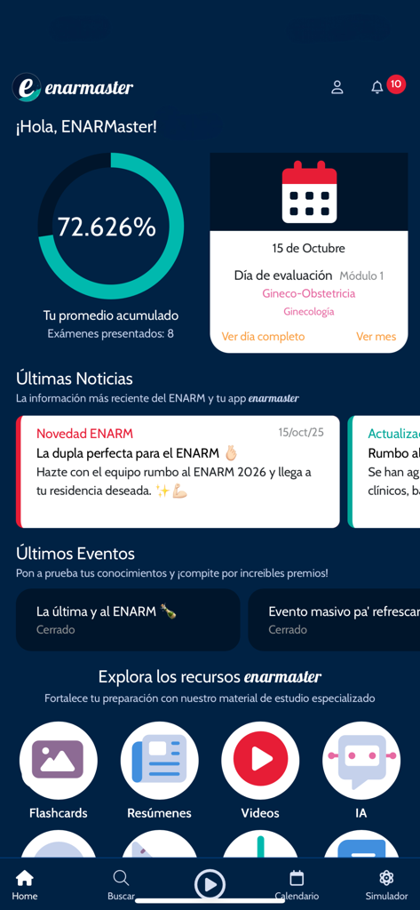 Panel de la aplicación ENARMaster para la preparación de exámenes médicos que muestra el progreso del estudiante y las herramientas de estudio