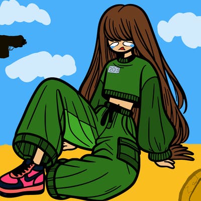 a girl with baggy pants and a crop top with long hair