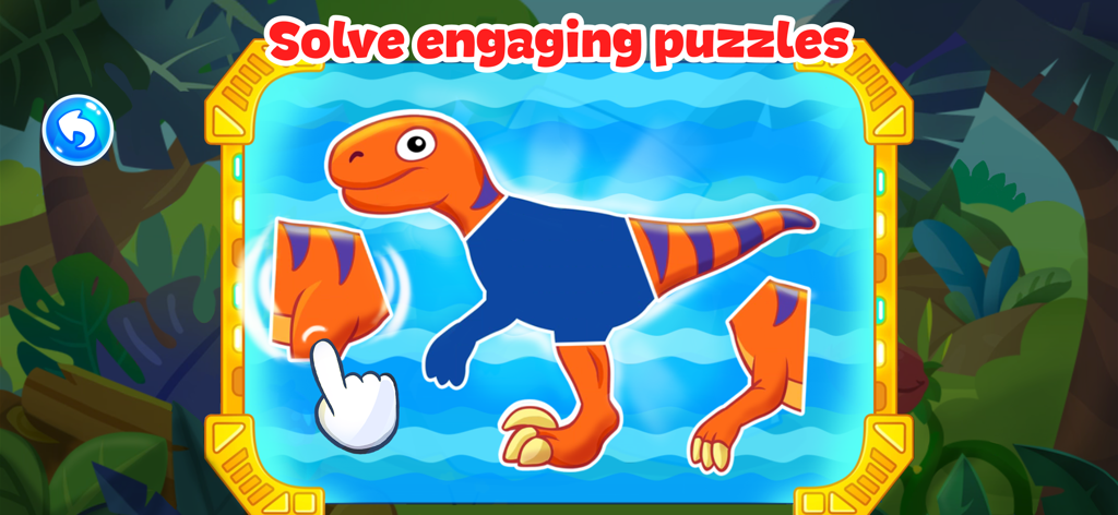 An interactive dinosaur puzzle game for toddlers where a hand drags a puzzle piece to complete the character
