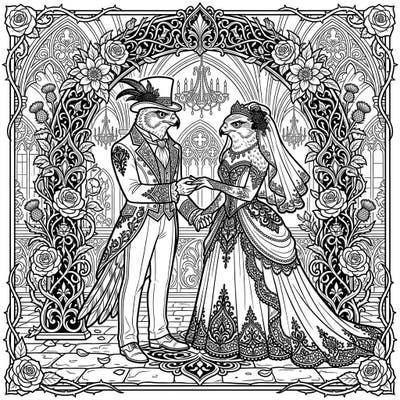 Step into a world of dark romance with this unique Gothic Goshawk Wedding coloring page. Featuring a majestically adorned avian couple, this intricate design blends elegant celebration with mysterious allure.